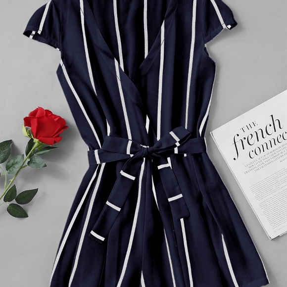 Pants - Navy Blue and White Striped Romper